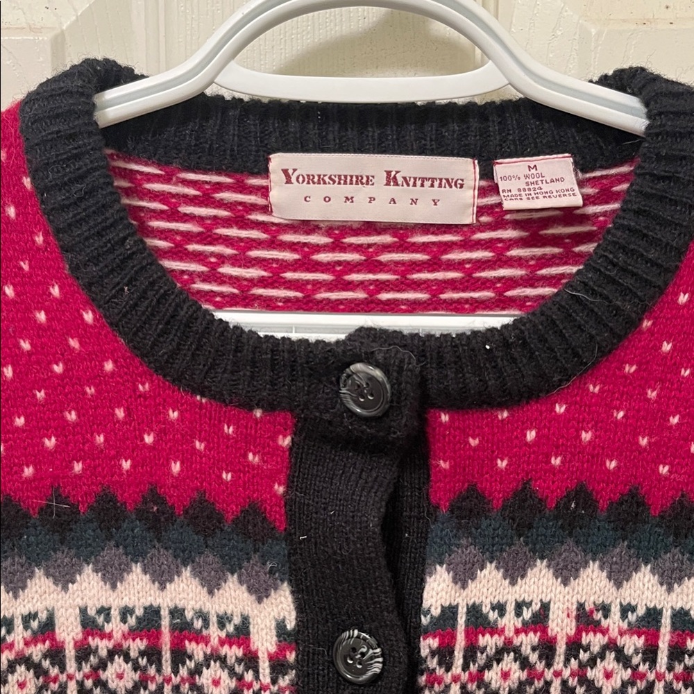 Yorkshire Knitting Company Women's Red and Black 100% Wool Fair Isle Cardigan